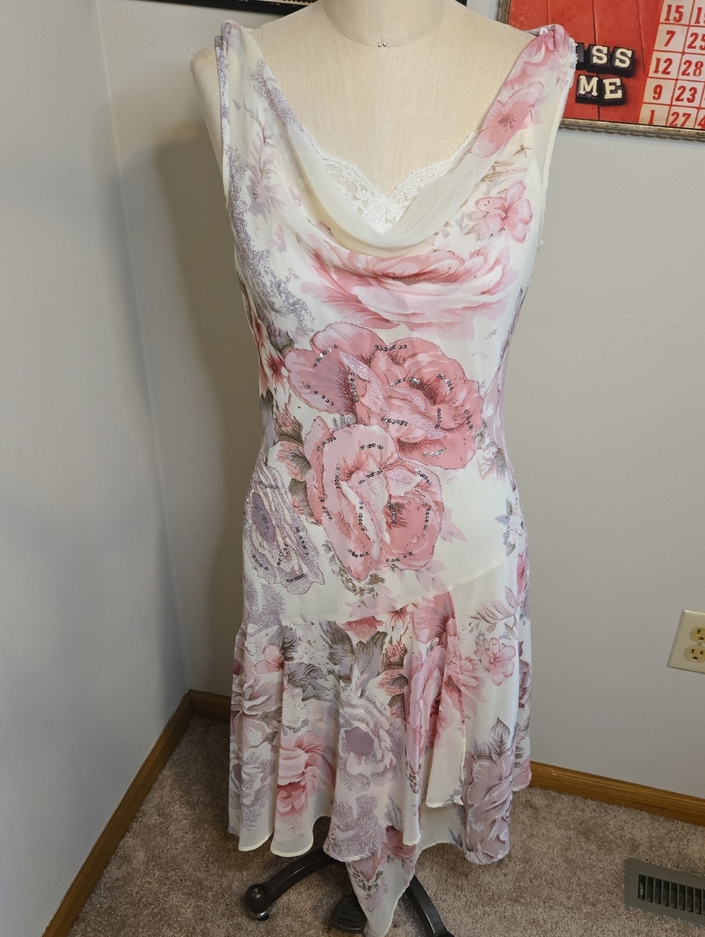 90's connected apparel Pink and Cream Floral Cowl Midi Dress with Sparkle